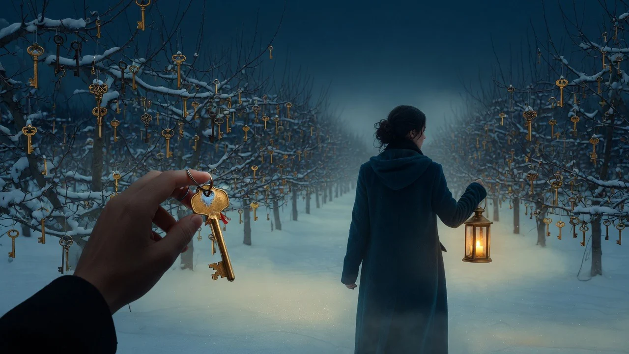 An orchard at night, the trees hung with keys instead of fruit, a figure walking away with a lantern across unmarked snow