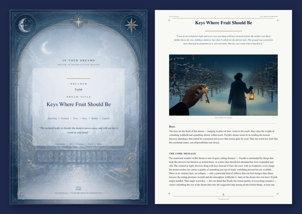 The dream report as delivered: an illustrated cover page naming the dreamer and the dream, beside an interior page carrying the dream image and the opening of the reading